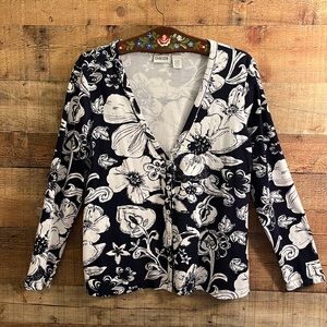 EUC Chico’s Floral Cardigan Navy & White Size 2